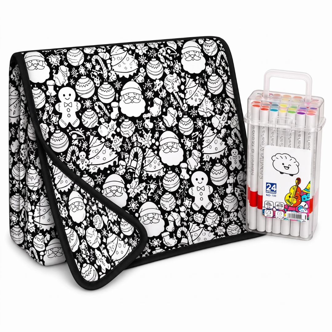 Color-In Christmas Blanket with 24 Markers – Family Doodle Throw