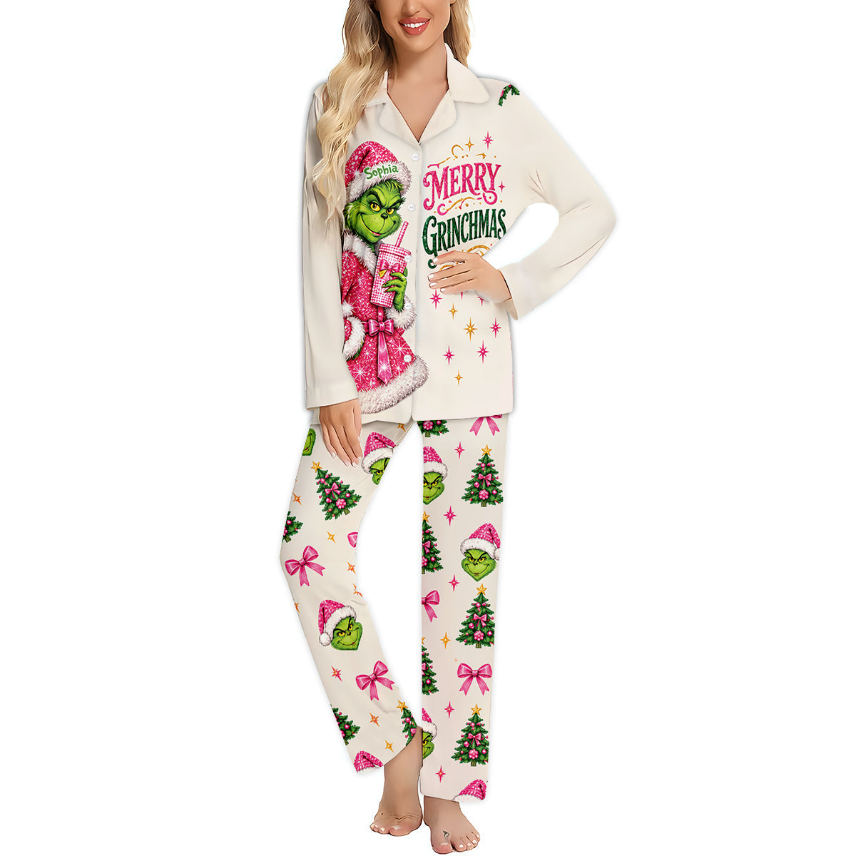Merry Grinchmas Personalized Name Button Down Pajamas