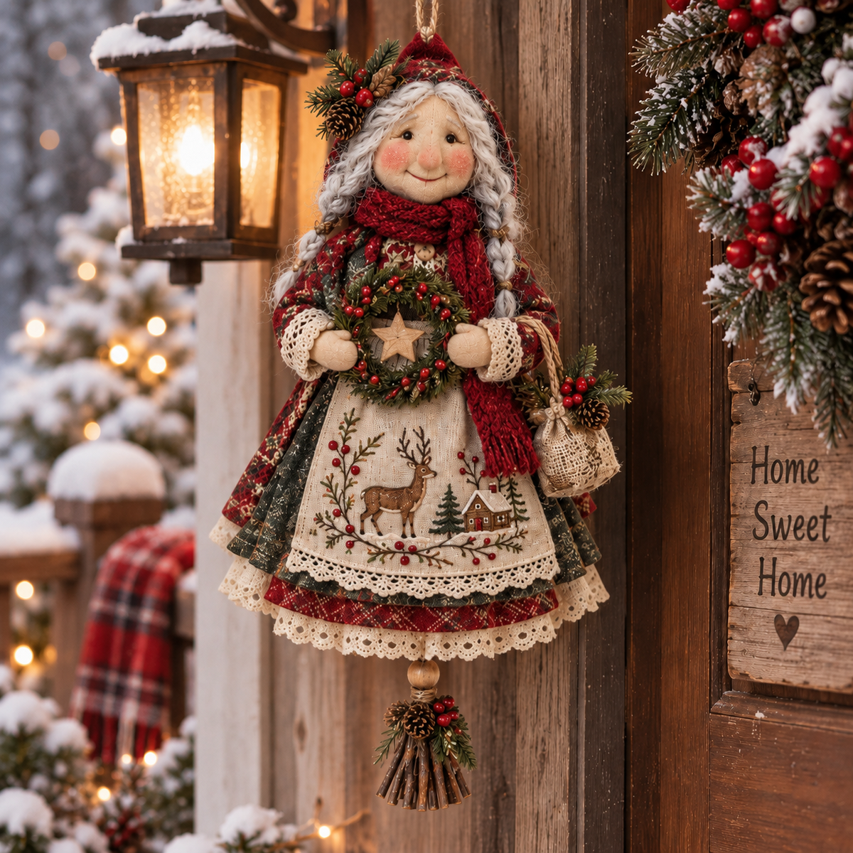 Good Luck Granny Hanging Decor – Rustic Christmas Door Doll