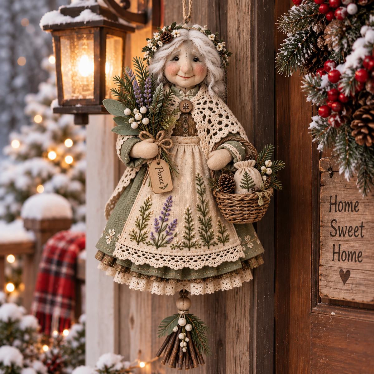 Good Luck Granny Hanging Decor – Rustic Christmas Door Doll