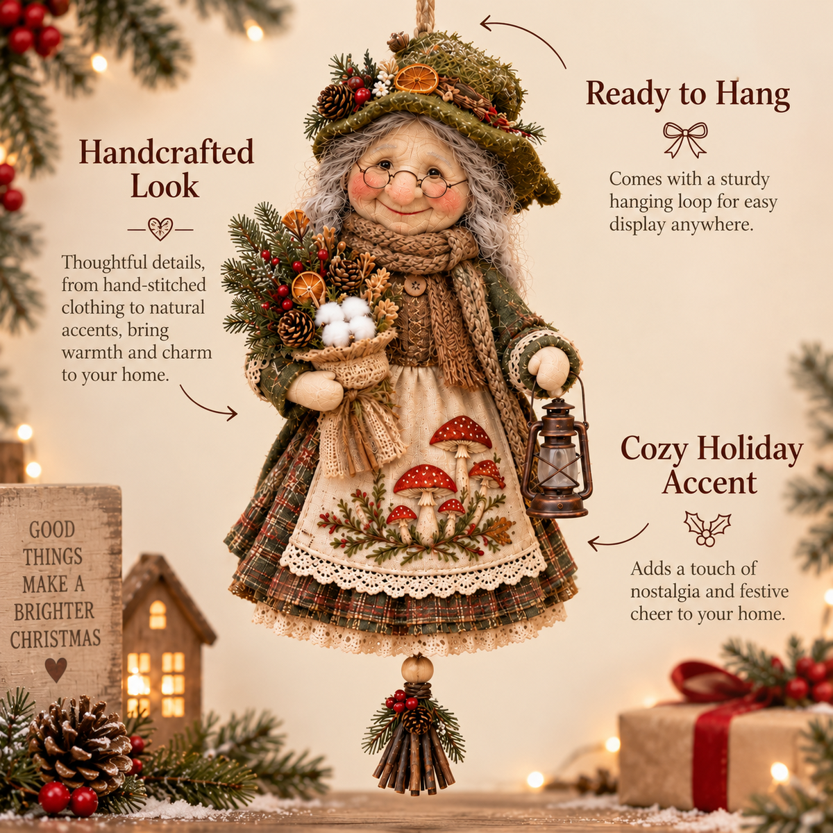Good Luck Granny Hanging Decor – Rustic Christmas Door Doll
