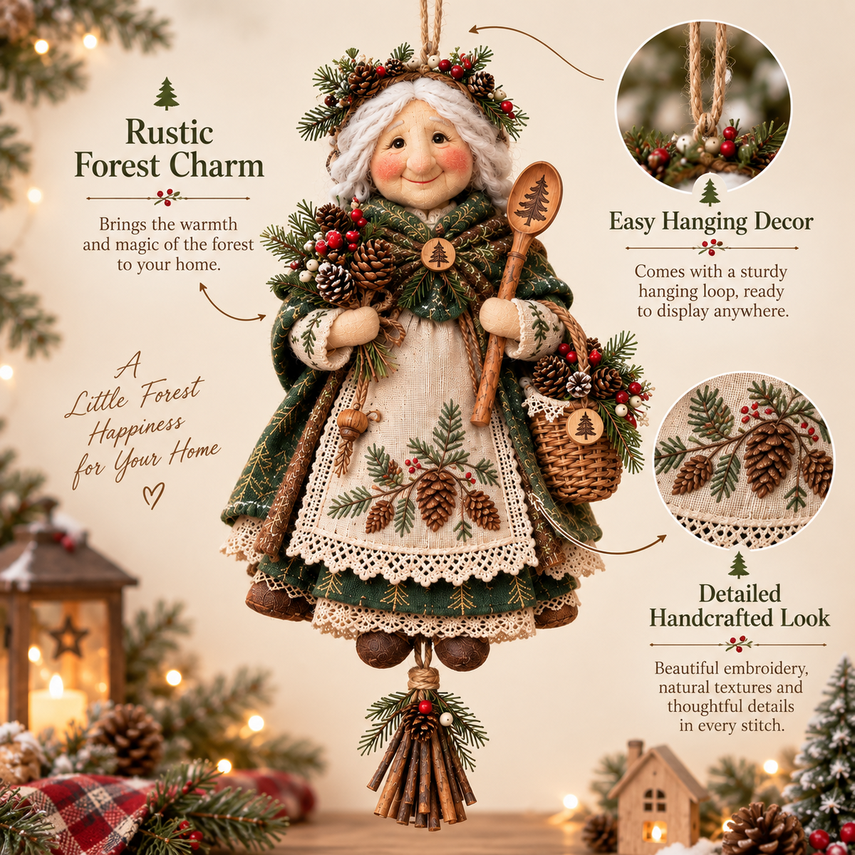 Good Luck Granny Hanging Decor – Rustic Christmas Door Doll