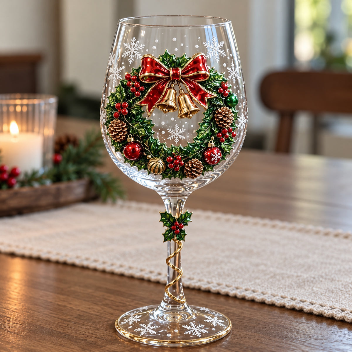 Christmas 3D Wine Glass – Raised Holiday Designs or Gift Box Set of 6