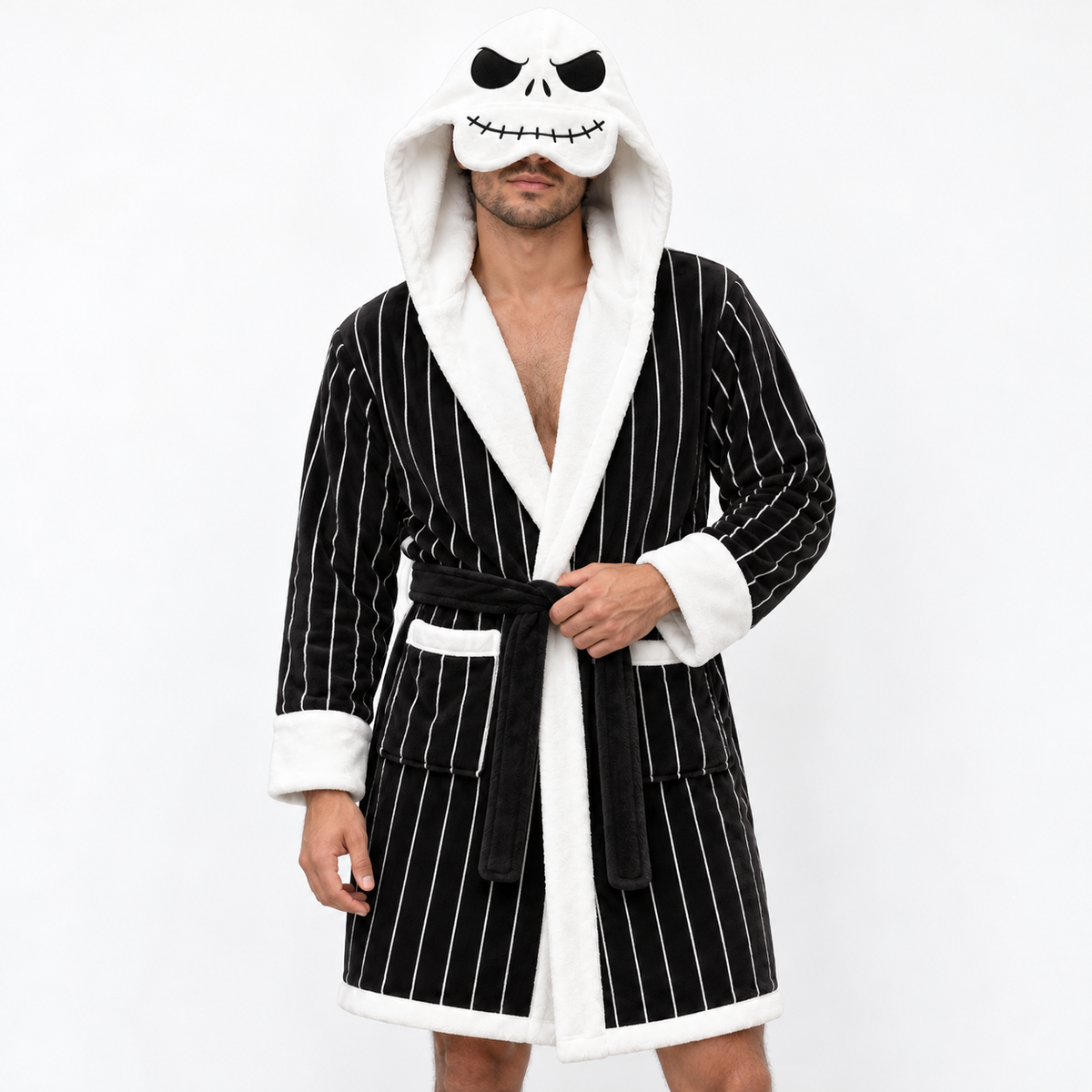 Skeleton Black & White Striped Unisex Double-Layer Plush Hooded Robe with Eye Mask – One Size