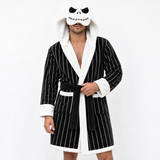 Skeleton Black & White Striped Unisex Double-Layer Plush Hooded Robe with Eye Mask – One Size