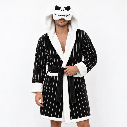 Skeleton Black & White Striped Unisex Double-Layer Plush Hooded Robe with Eye Mask – One Size
