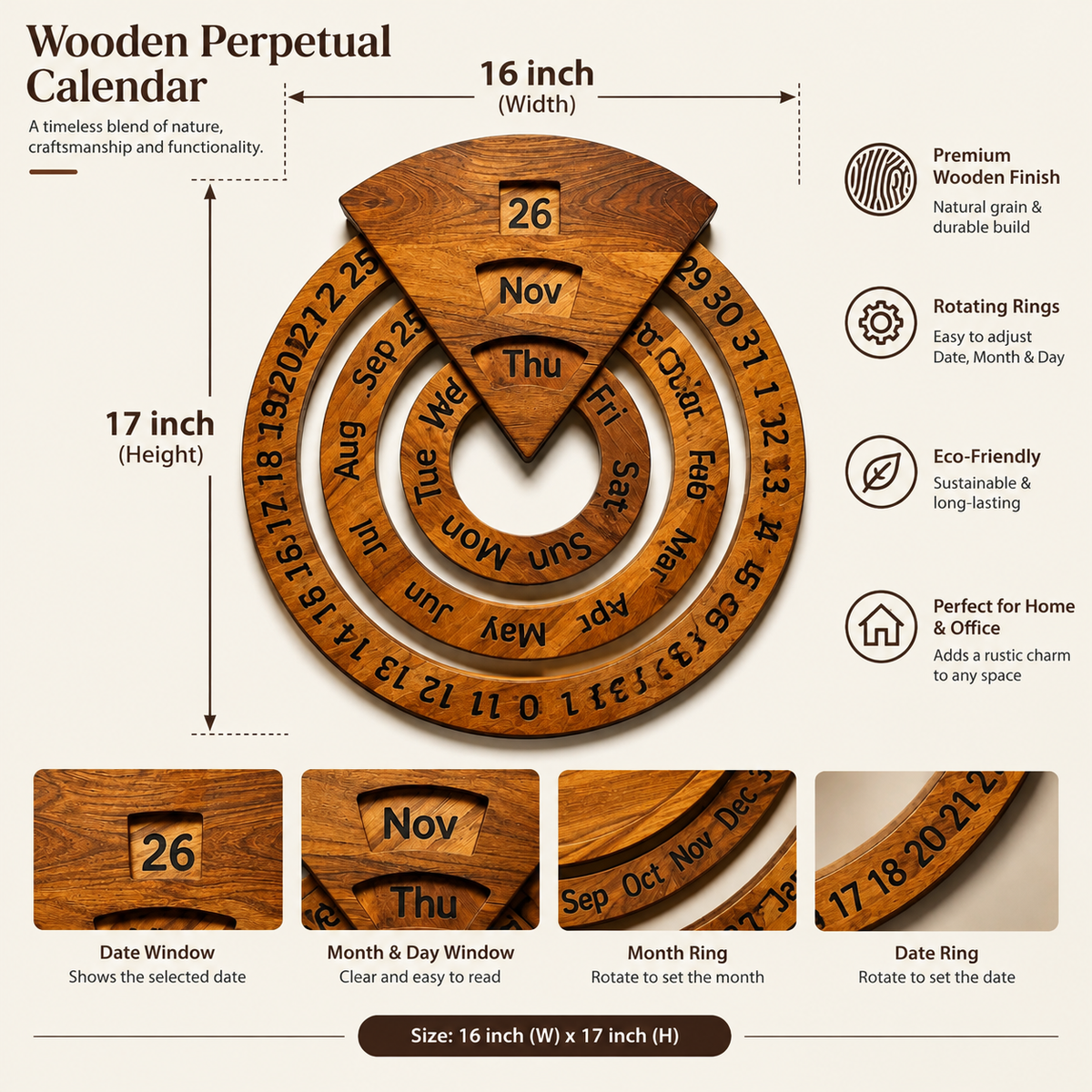 Vintage Wooden Perpetual Calendar – Rotating Wall & Desk Decor