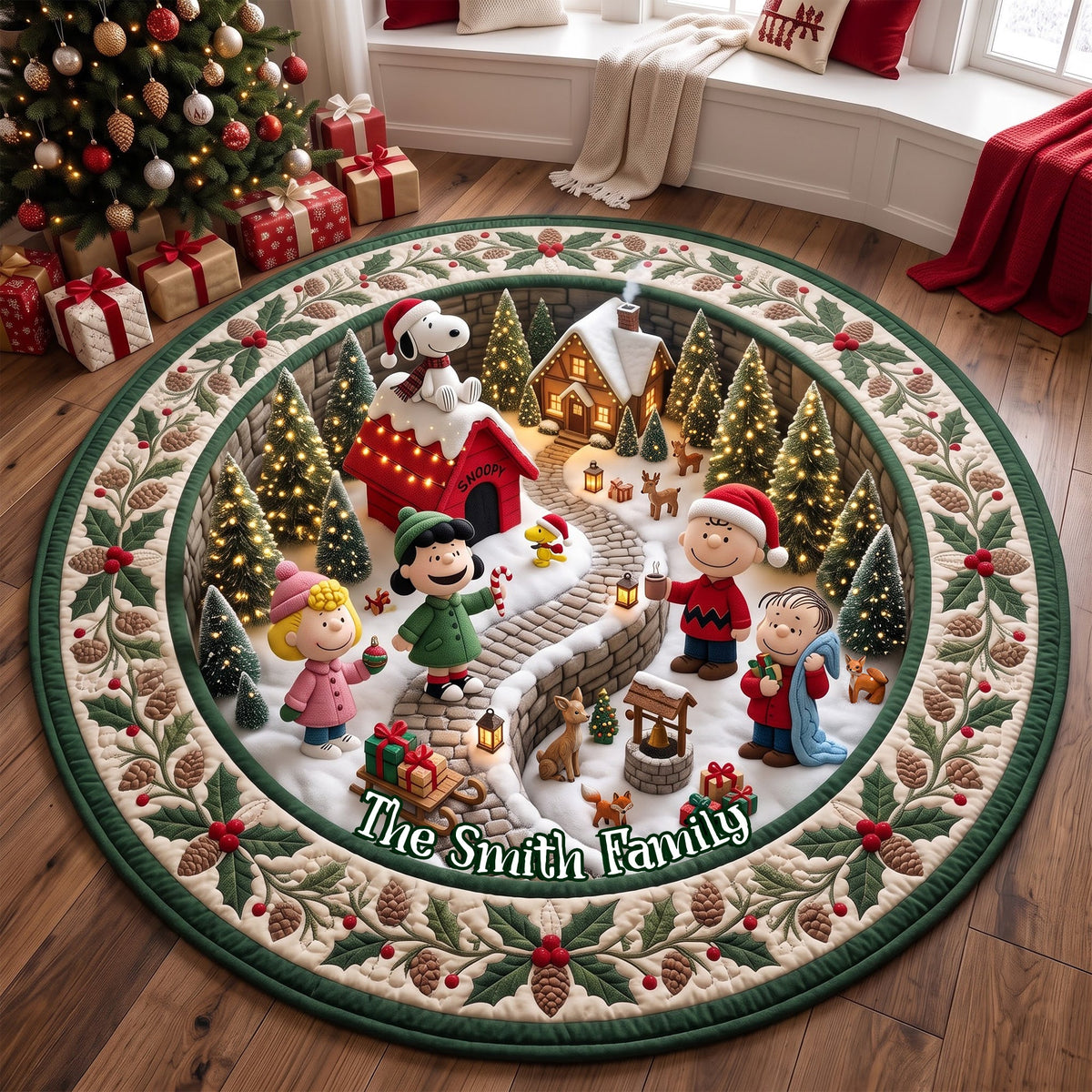 Warm Christmas Village Personalized Round Quilted Mat
