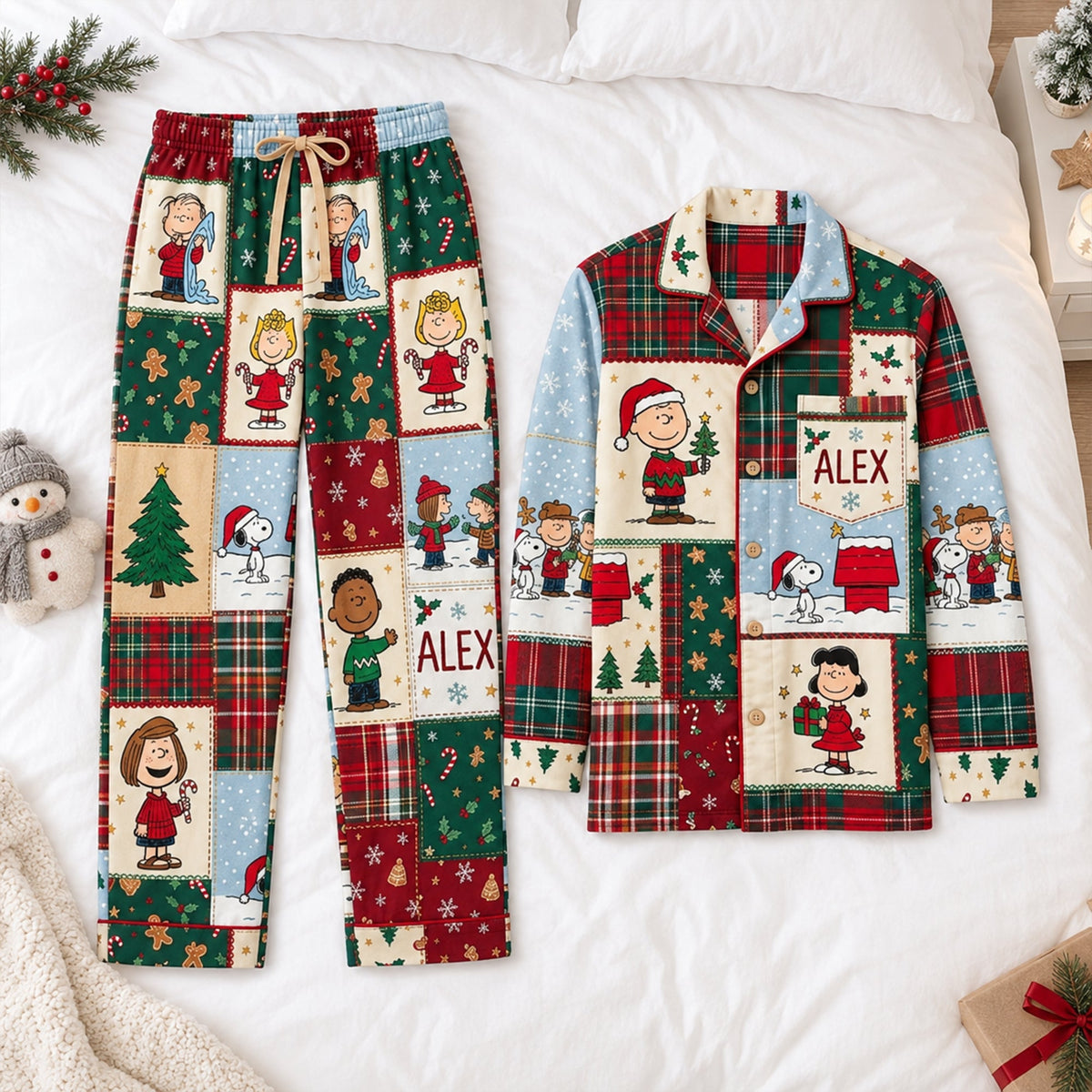 Lovely Christmas Patchwork Personalized Button-Up Pajamas