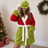 Red & Green Christmas Unisex Double-Layer Plush Hooded Robe with Eye Mask – One Size