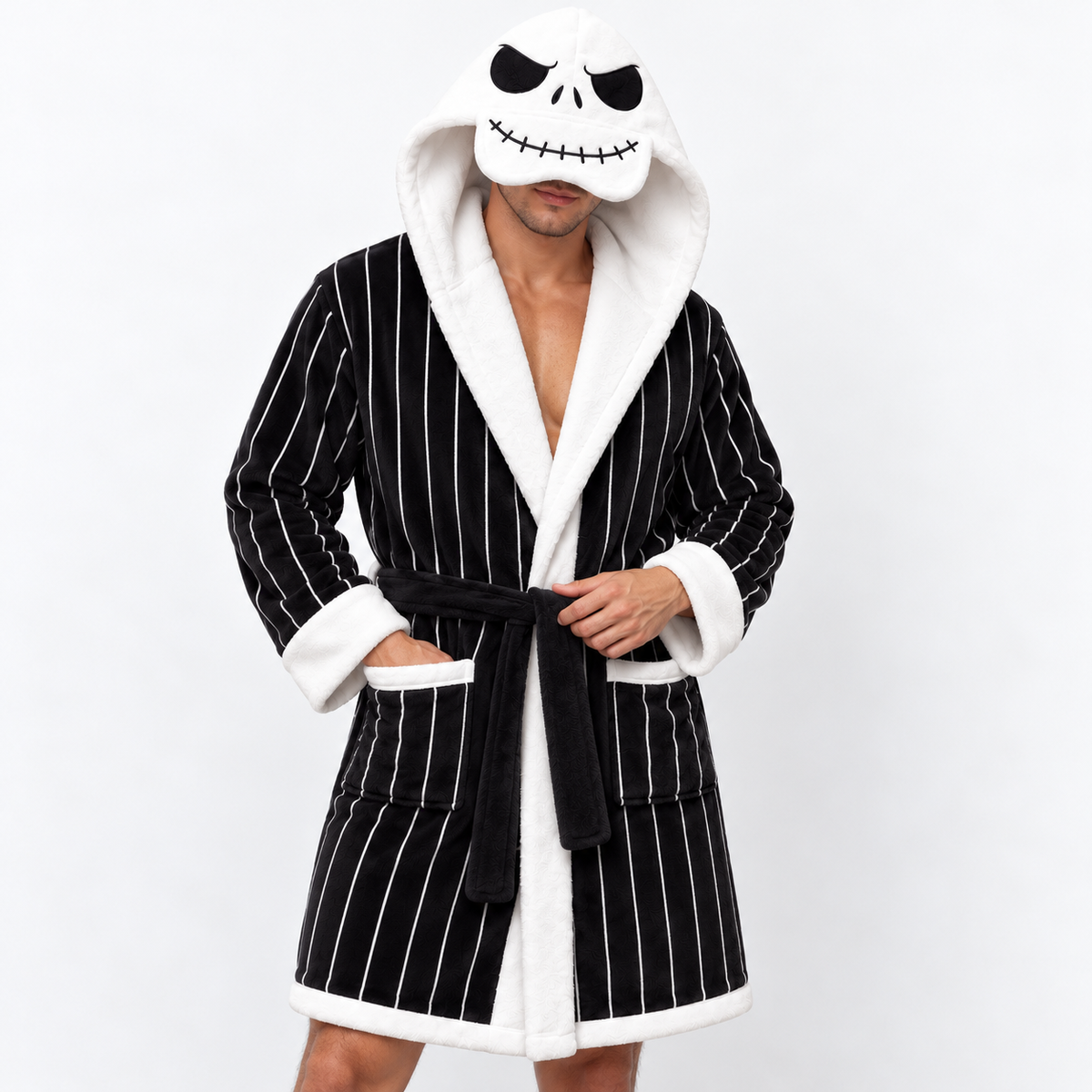 Skeleton Black & White Striped Unisex Double-Layer Plush Hooded Robe with Eye Mask – One Size