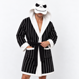 Skeleton Black & White Striped Unisex Double-Layer Plush Hooded Robe with Eye Mask – One Size