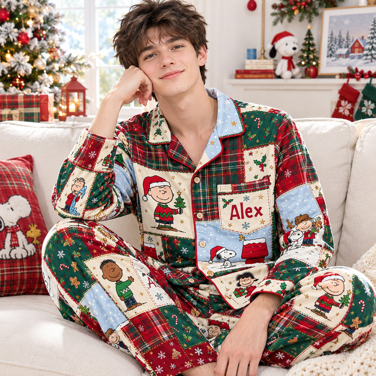 Lovely Christmas Patchwork Personalized Button-Up Pajamas