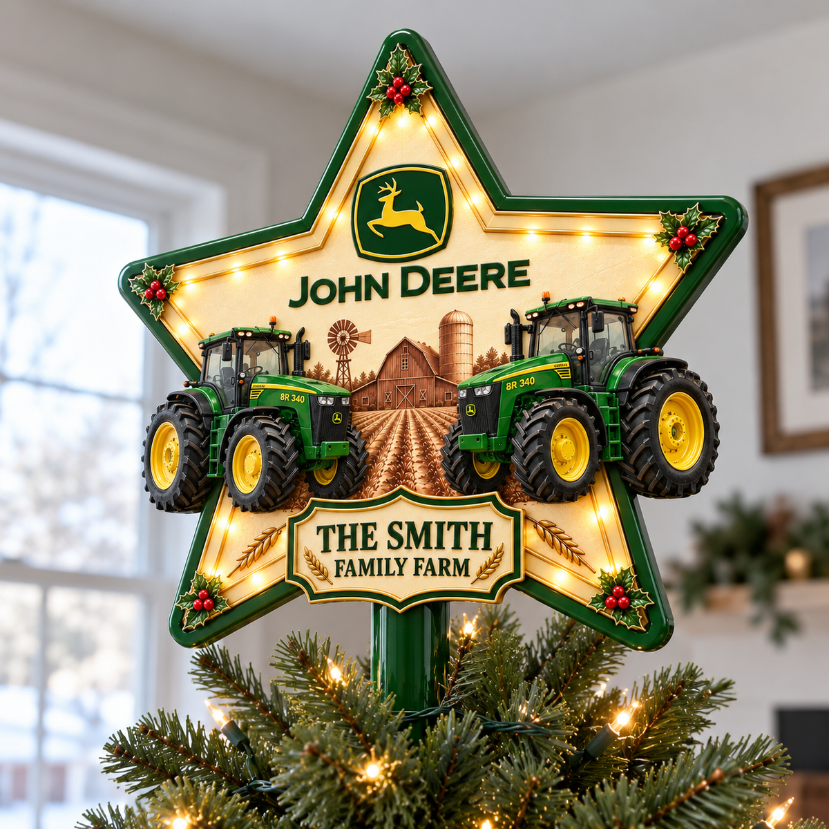 Green Farmhouse Chrismas - Personalized LED Light Tree Topper - Chrismas Gift For Farmers