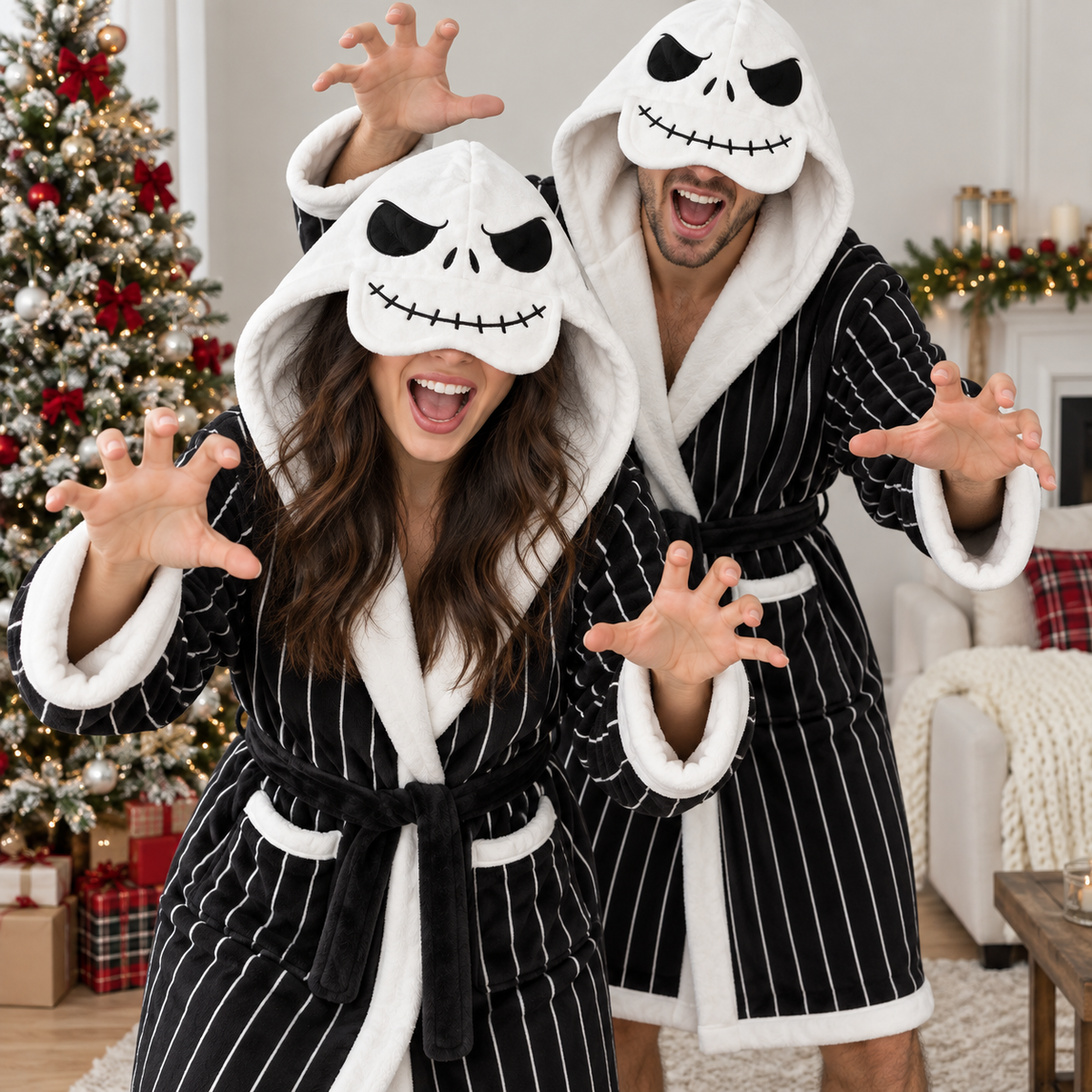 Skeleton Black & White Striped Unisex Double-Layer Plush Hooded Robe with Eye Mask – One Size