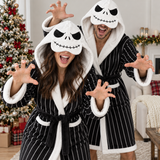Skeleton Black & White Striped Unisex Double-Layer Plush Hooded Robe with Eye Mask – One Size