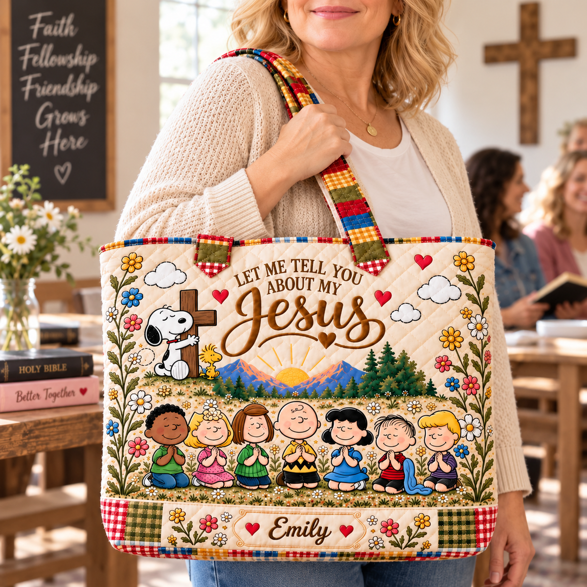 Let Me Tell You About My Jesus Personalized Quilted Tote Bag