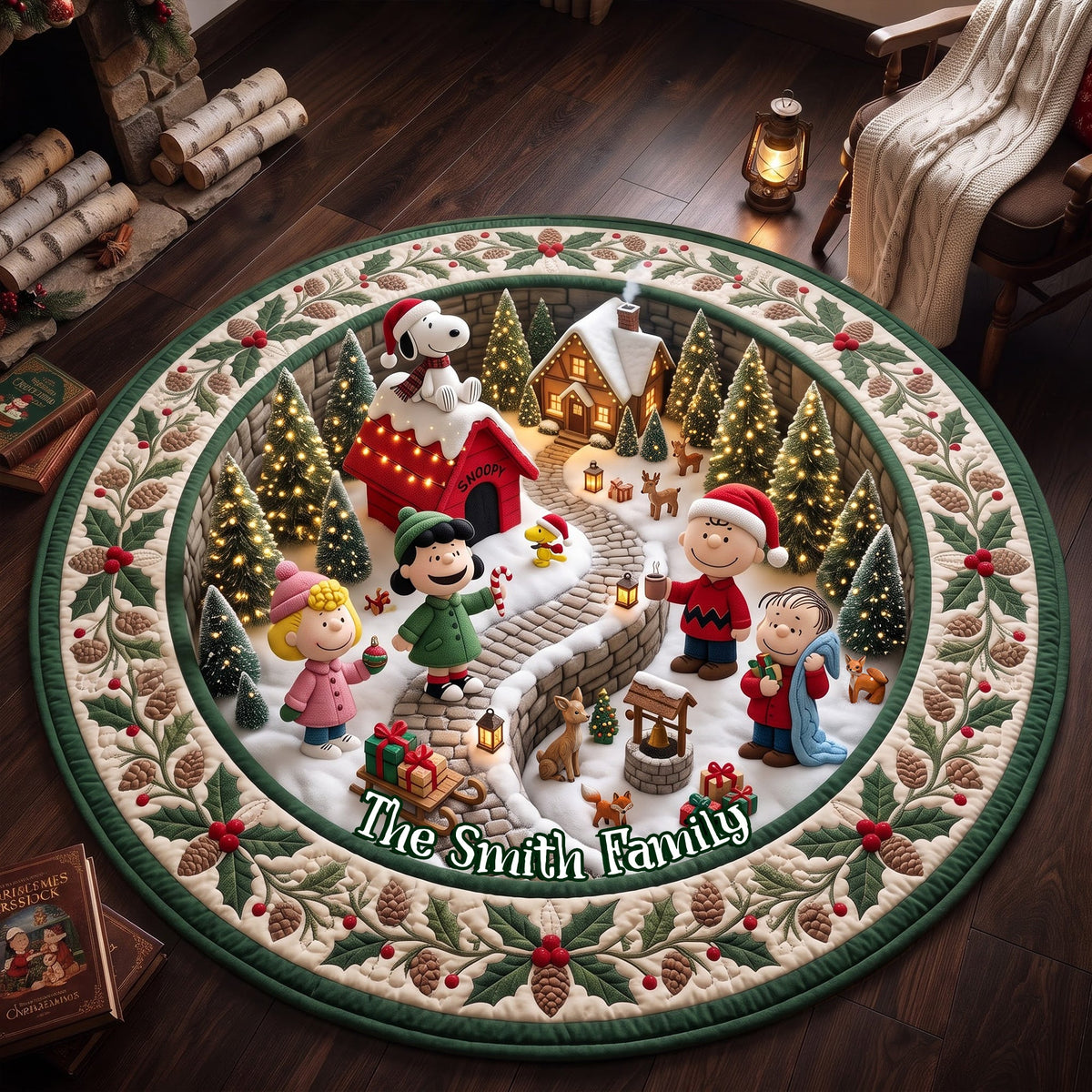 Warm Christmas Village Personalized Round Quilted Mat