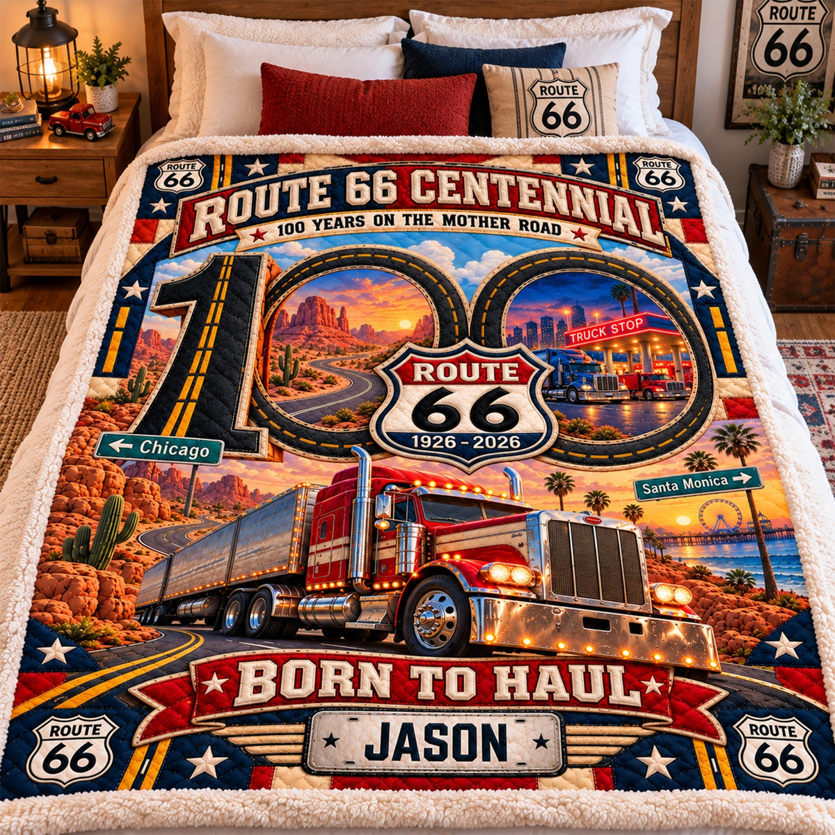 Route 66 Centennial Born To Haul Personalized Trucker Blanket