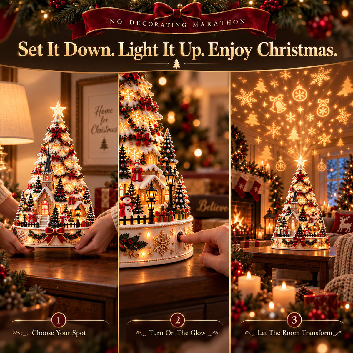 Christmas Village Lightscape Tree – 3D Tabletop Tree with Room Projection