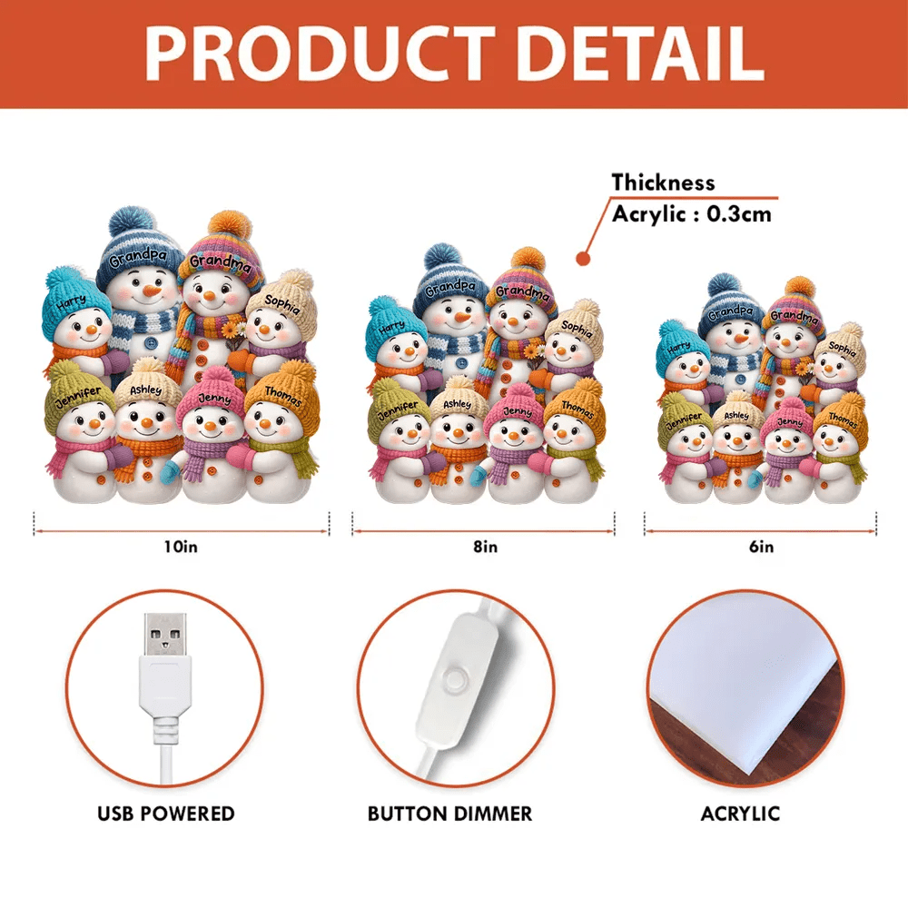 Snowman Grandparents & Grandkids Personalized 3D Effect Light Box