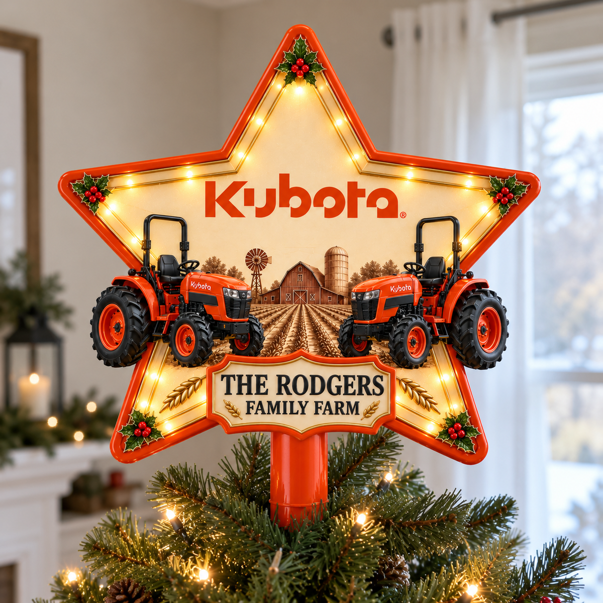 Orange Farmhouse Chrismas - Personalized LED Light Tree Topper - Chrismas Gift For Farmers