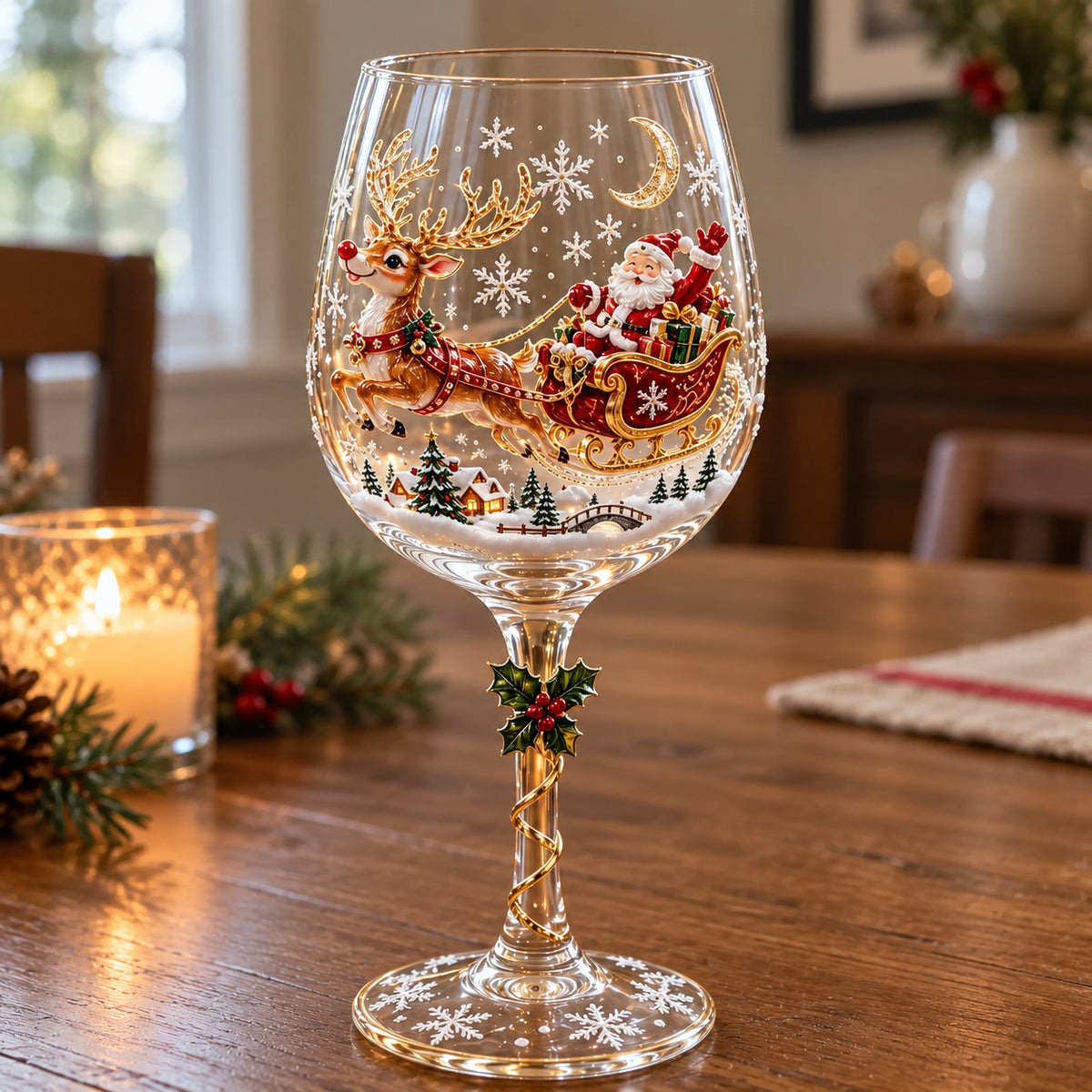 Christmas 3D Wine Glass – Raised Holiday Designs or Gift Box Set of 6