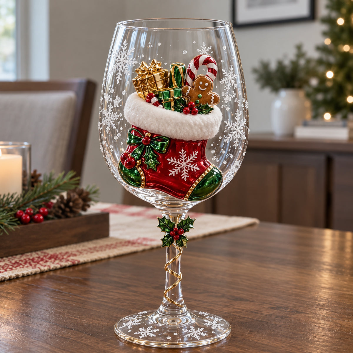 Christmas 3D Wine Glass – Raised Holiday Designs or Gift Box Set of 6
