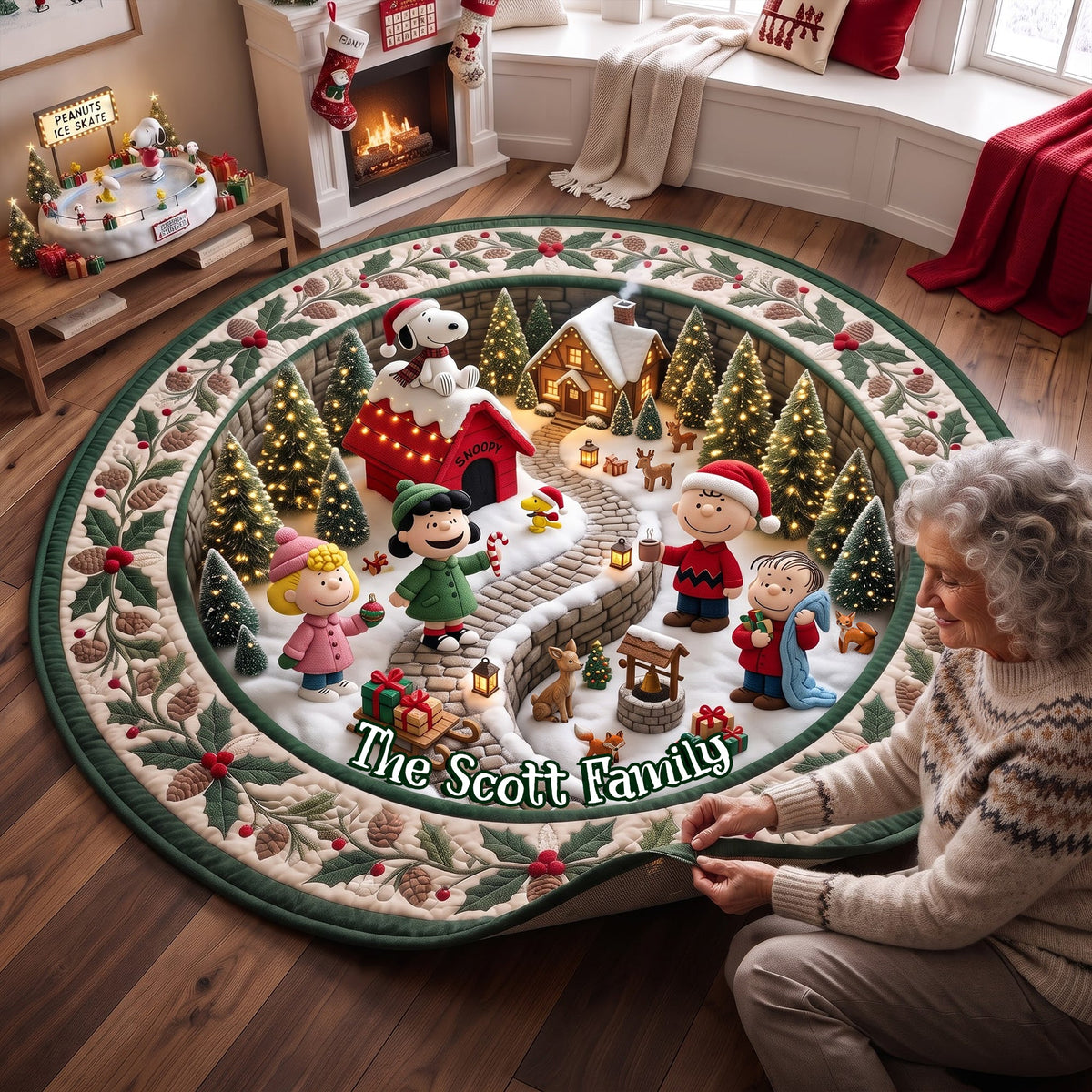 Warm Christmas Village Personalized Round Quilted Mat