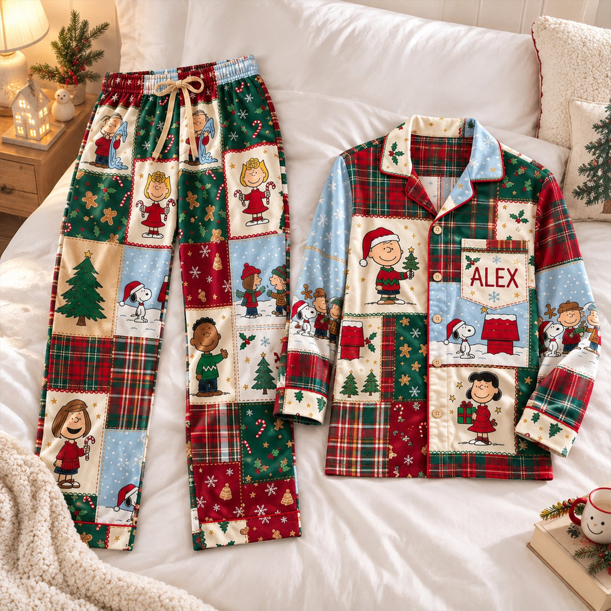 Lovely Christmas Patchwork Personalized Button-Up Pajamas