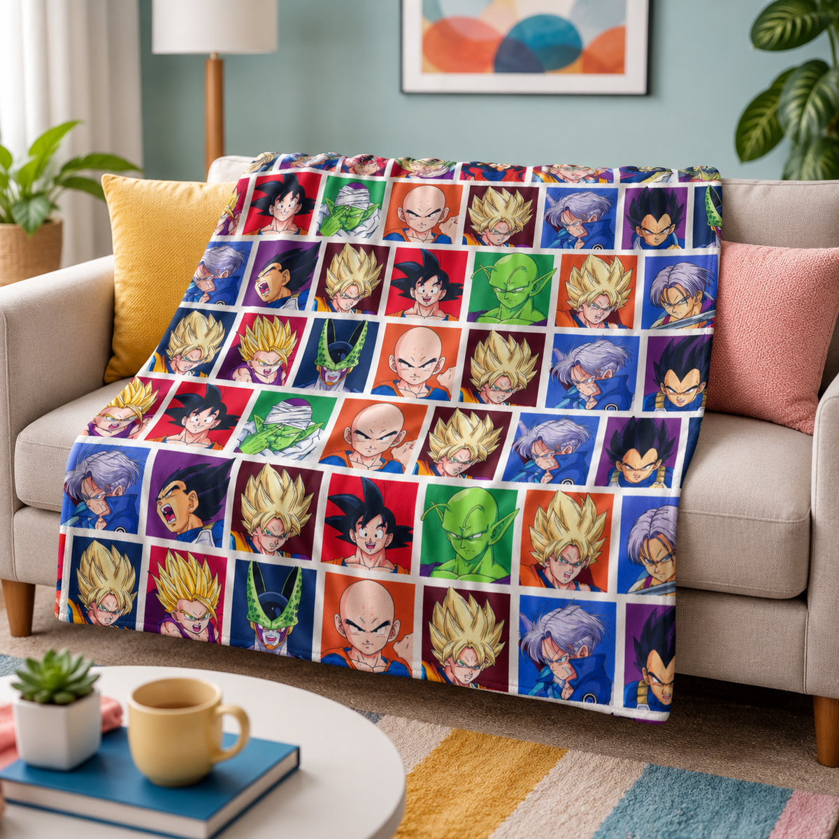 Retro Anime-Inspired Colorful Comic Portrait Collage Blanket