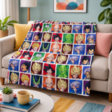 Retro Anime-Inspired Colorful Comic Portrait Collage Blanket