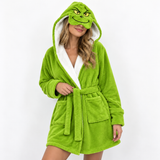 Festive Green Christmas Unisex Double-Layer Plush Hooded Robe with Eye Mask – One Size