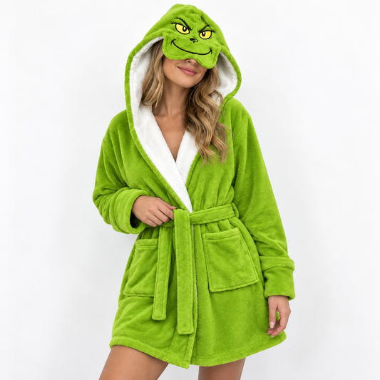Festive Green Christmas Unisex Double-Layer Plush Hooded Robe with Eye Mask – One Size