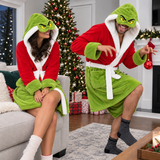 Red & Green Christmas Unisex Double-Layer Plush Hooded Robe with Eye Mask – One Size