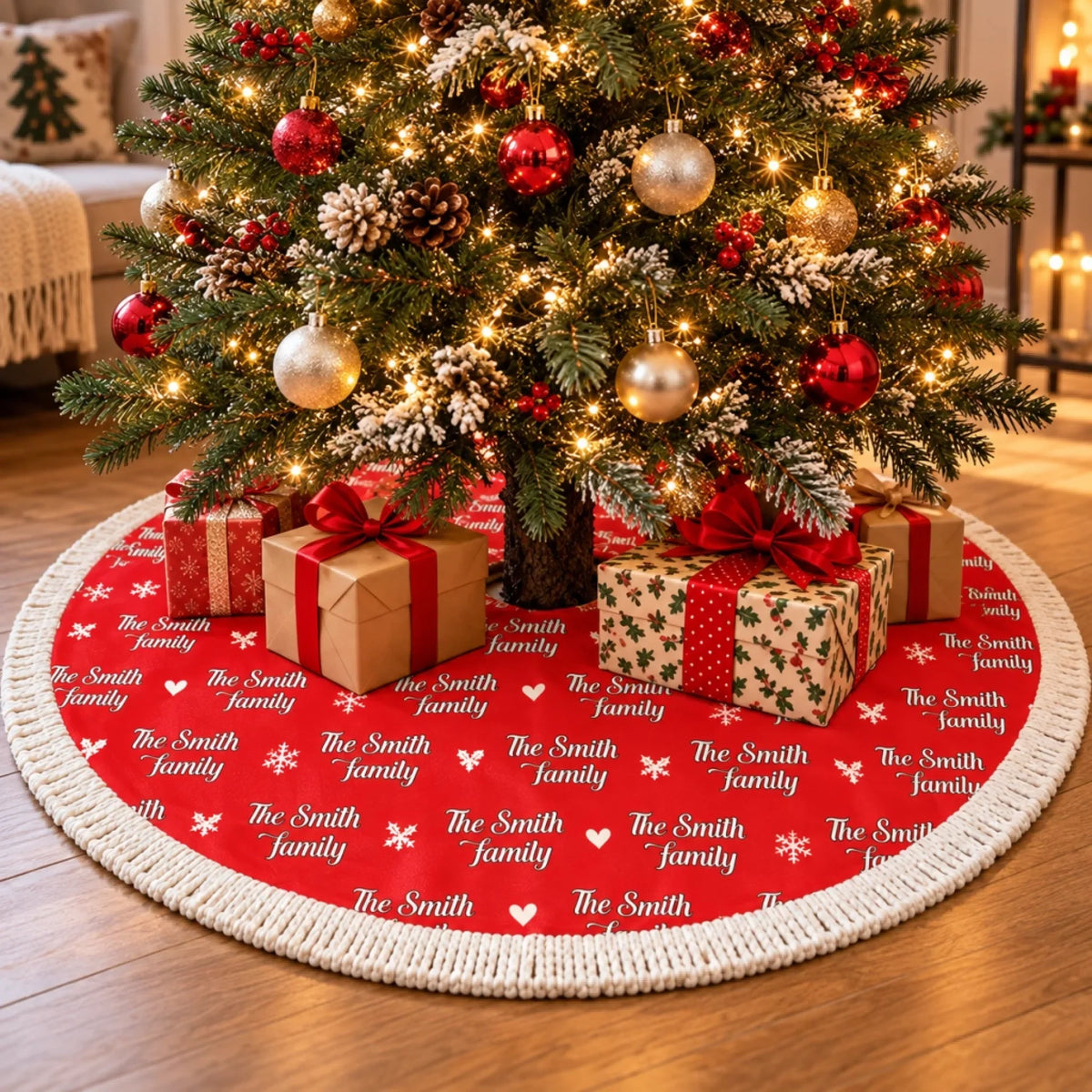 Personalized Family Name Christmas Tree Skirt – Cozy Christmas, Family Style