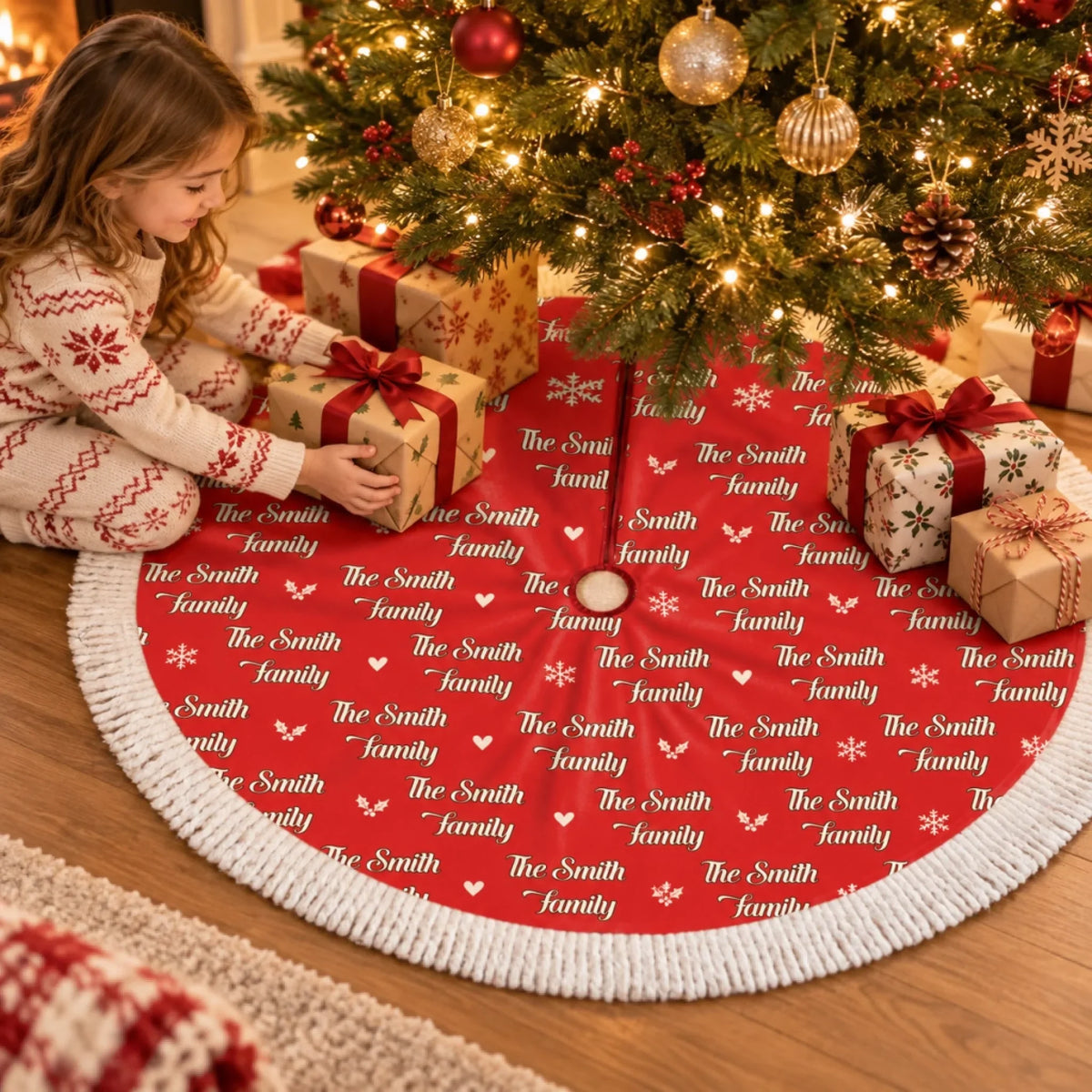 Personalized Family Name Christmas Tree Skirt – Cozy Christmas, Family Style