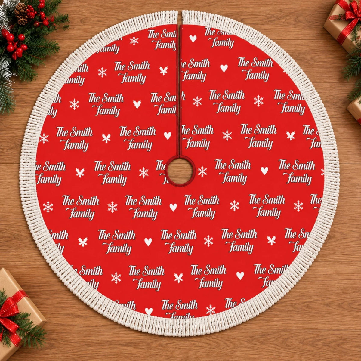 Personalized Family Name Christmas Tree Skirt – Cozy Christmas, Family Style