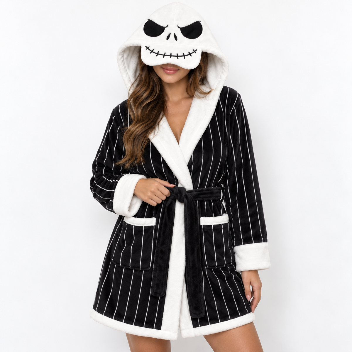 Skeleton Black & White Striped Unisex Double-Layer Plush Hooded Robe with Eye Mask – One Size