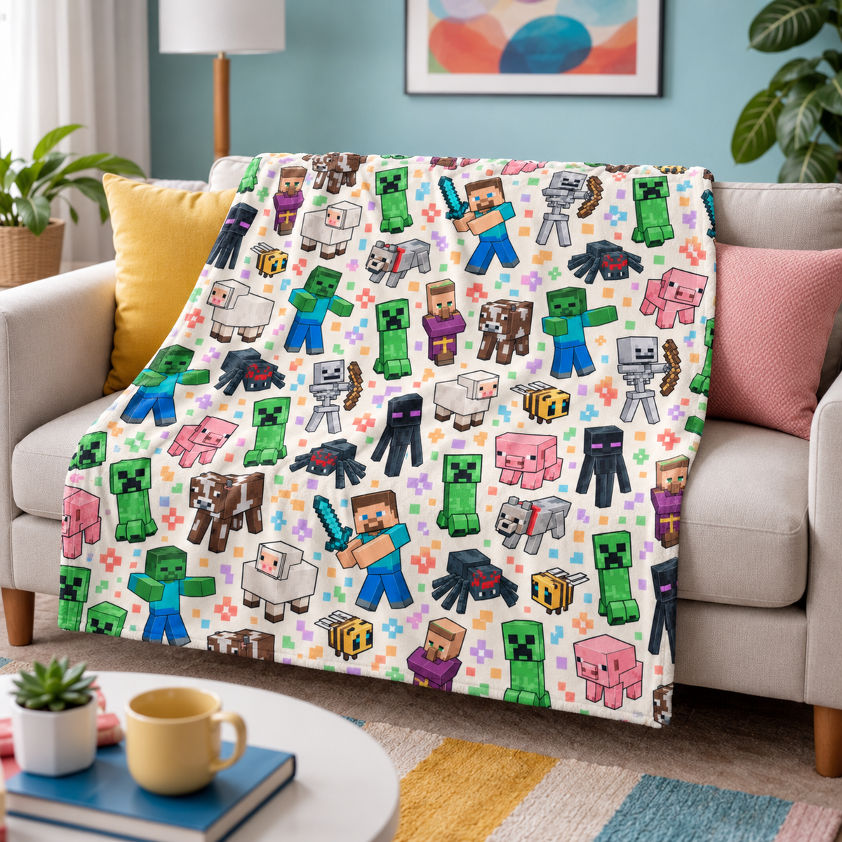 Steve, Zombie, Creeper and Colorful Overworld Friends Throw Blanket