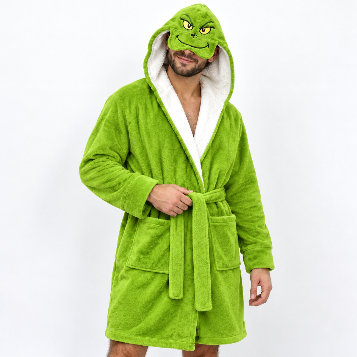 Festive Green Christmas Unisex Double-Layer Plush Hooded Robe with Eye Mask – One Size