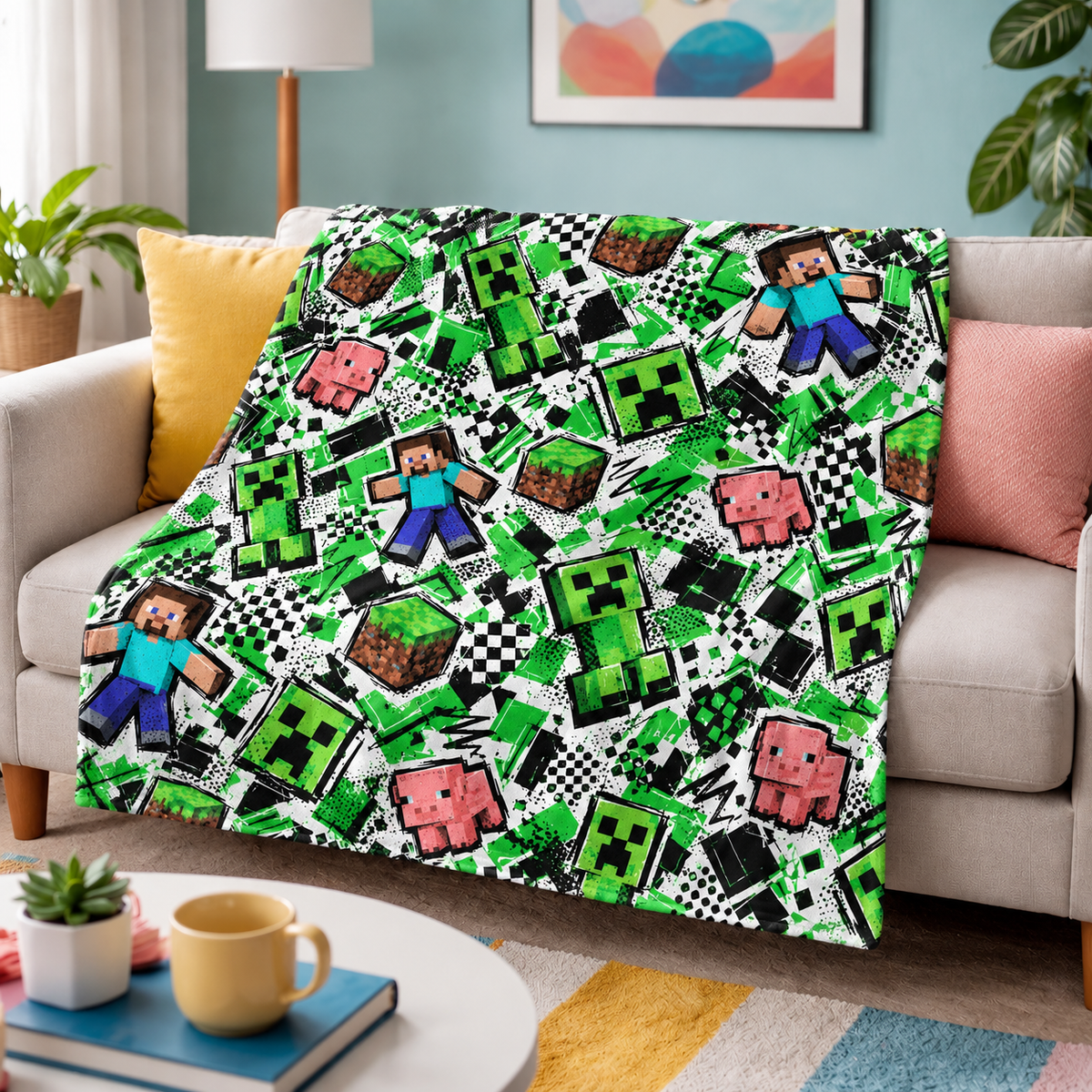 Steve, Creeper and Pig Green Graffiti Adventure Realm Throw Blanket