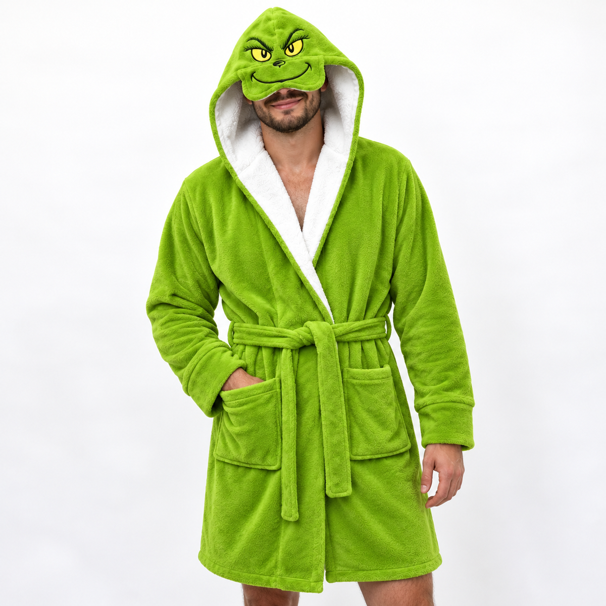 Festive Green Christmas Unisex Double-Layer Plush Hooded Robe with Eye Mask – One Size
