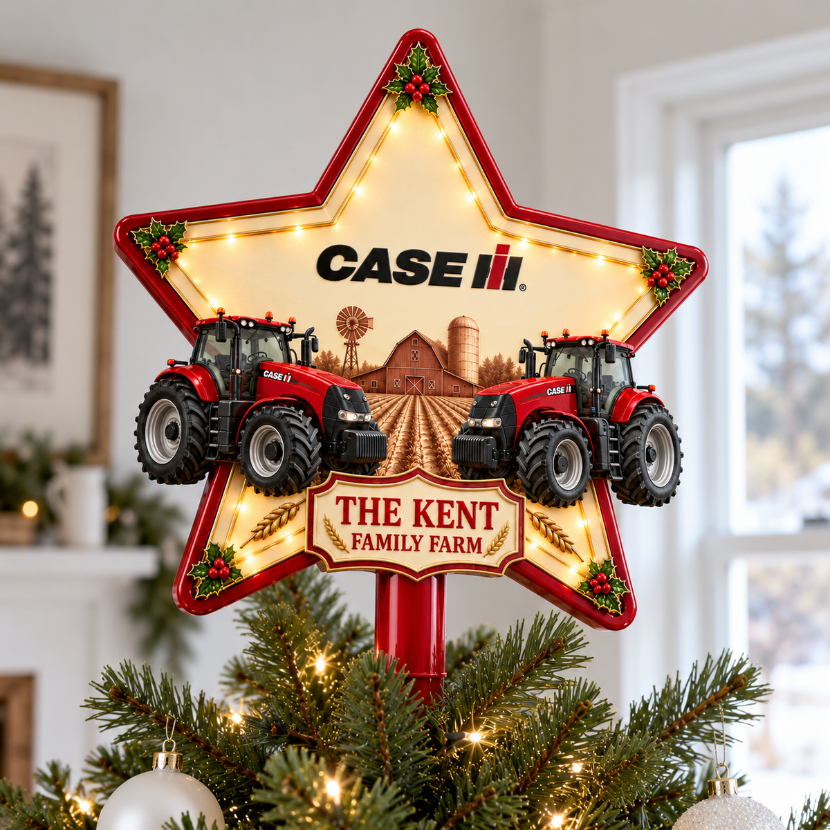 Red Farmhouse Chrismas - Personalized LED Light Tree Topper - Chrismas Gift For Farmers