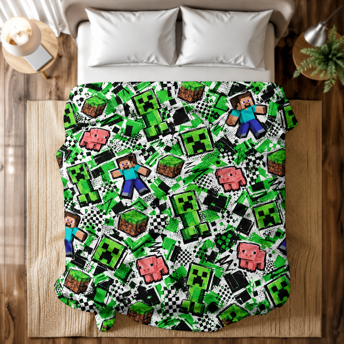 Steve, Creeper and Pig Green Graffiti Adventure Realm Throw Blanket