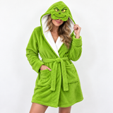 Festive Green Christmas Unisex Double-Layer Plush Hooded Robe with Eye Mask – One Size