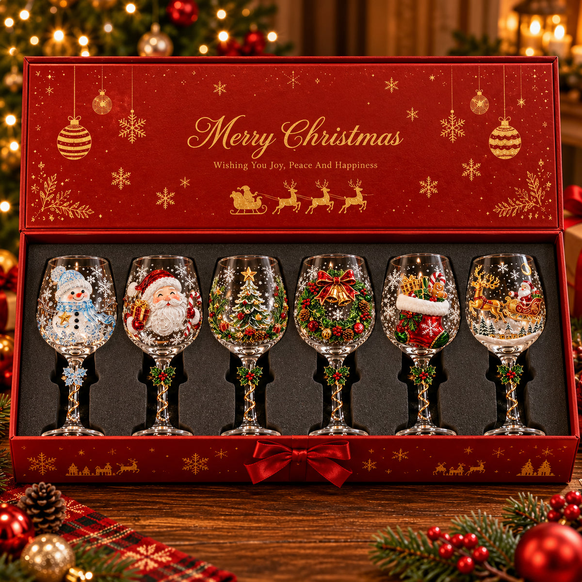 Christmas 3D Wine Glass – Raised Holiday Designs or Gift Box Set of 6