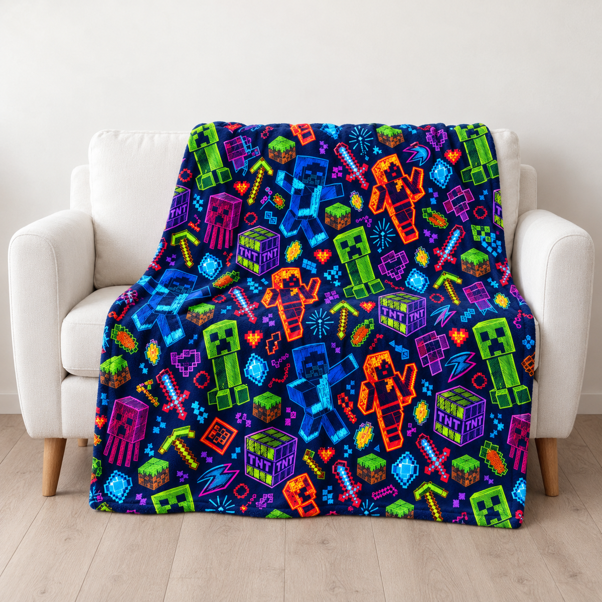 Neon Creeper, TNT and Fire Warriors Pixel Realm Throw Blanket