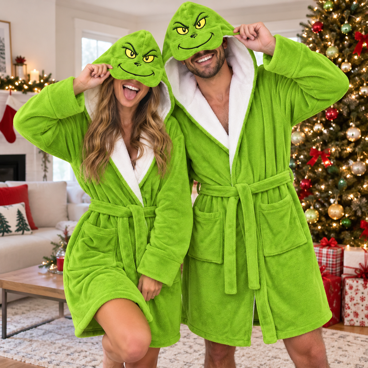 Festive Green Christmas Unisex Double-Layer Plush Hooded Robe with Eye Mask – One Size