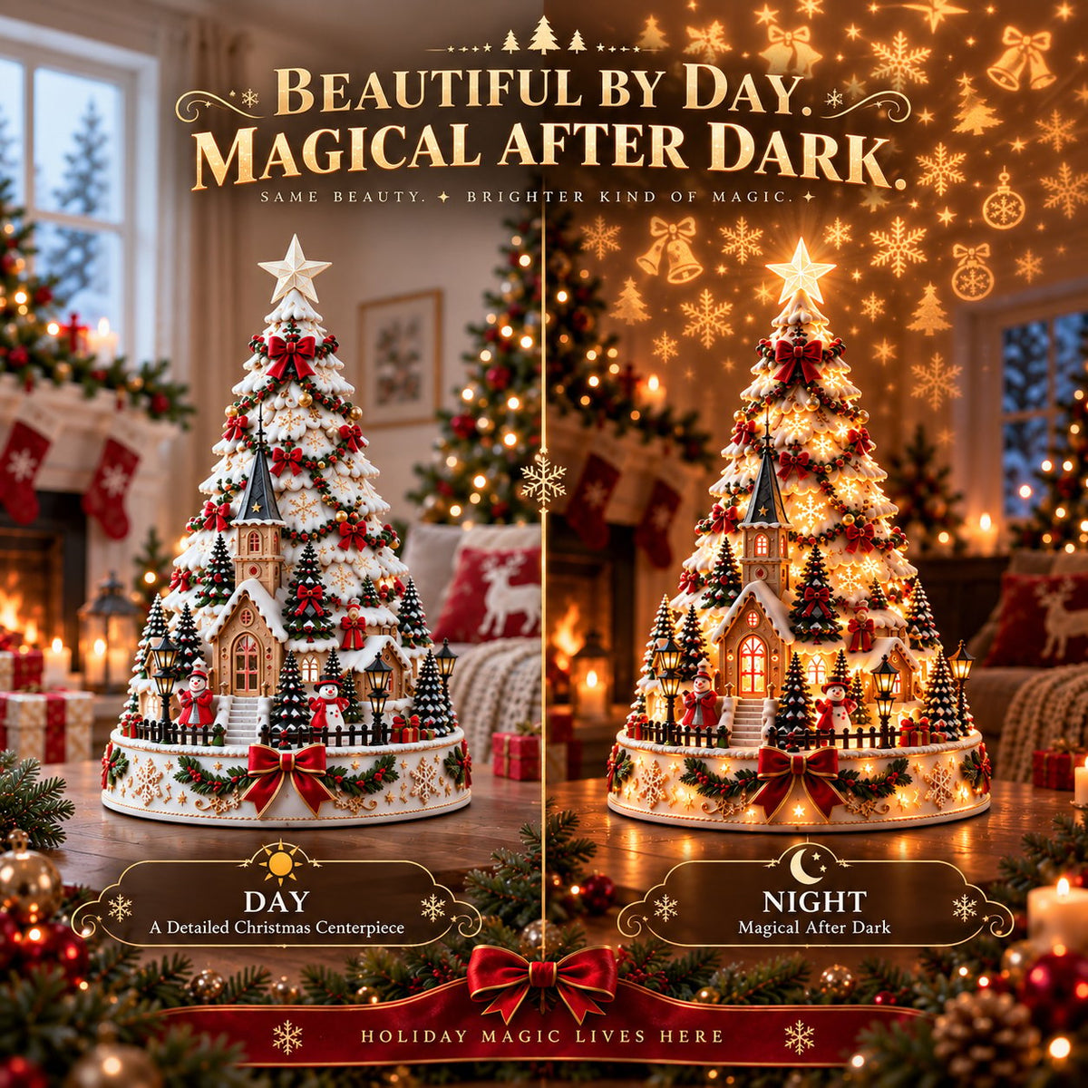 Christmas Village Lightscape Tree – 3D Tabletop Tree with Room Projection